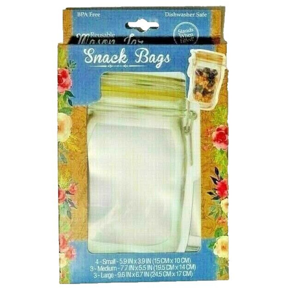 Mason Jar Snack Bags Reusable Large Medium Small BPA Free Food Storage 10-Piece